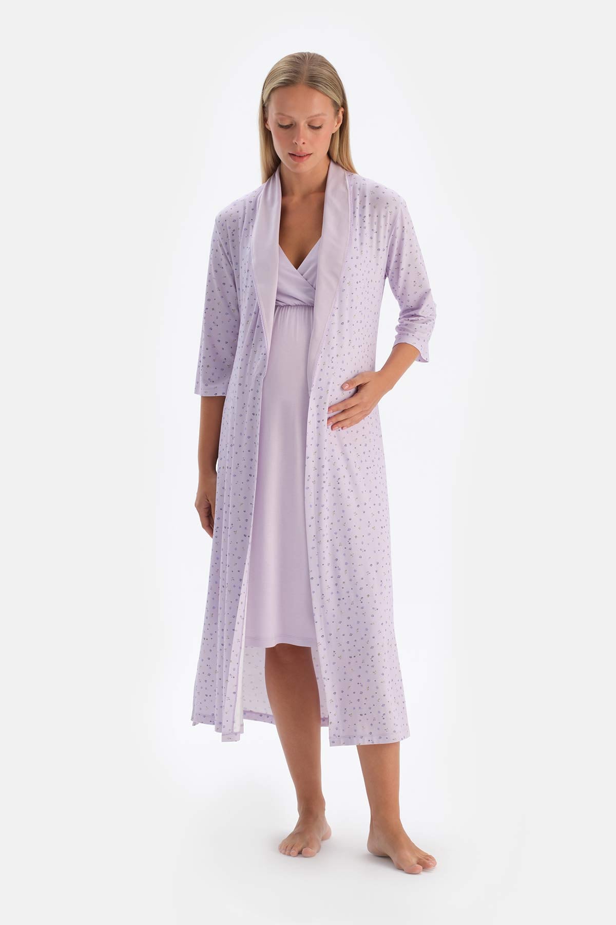 Lilac FLORAL PRINTED COMBED MODAL MATERNITY ROBE