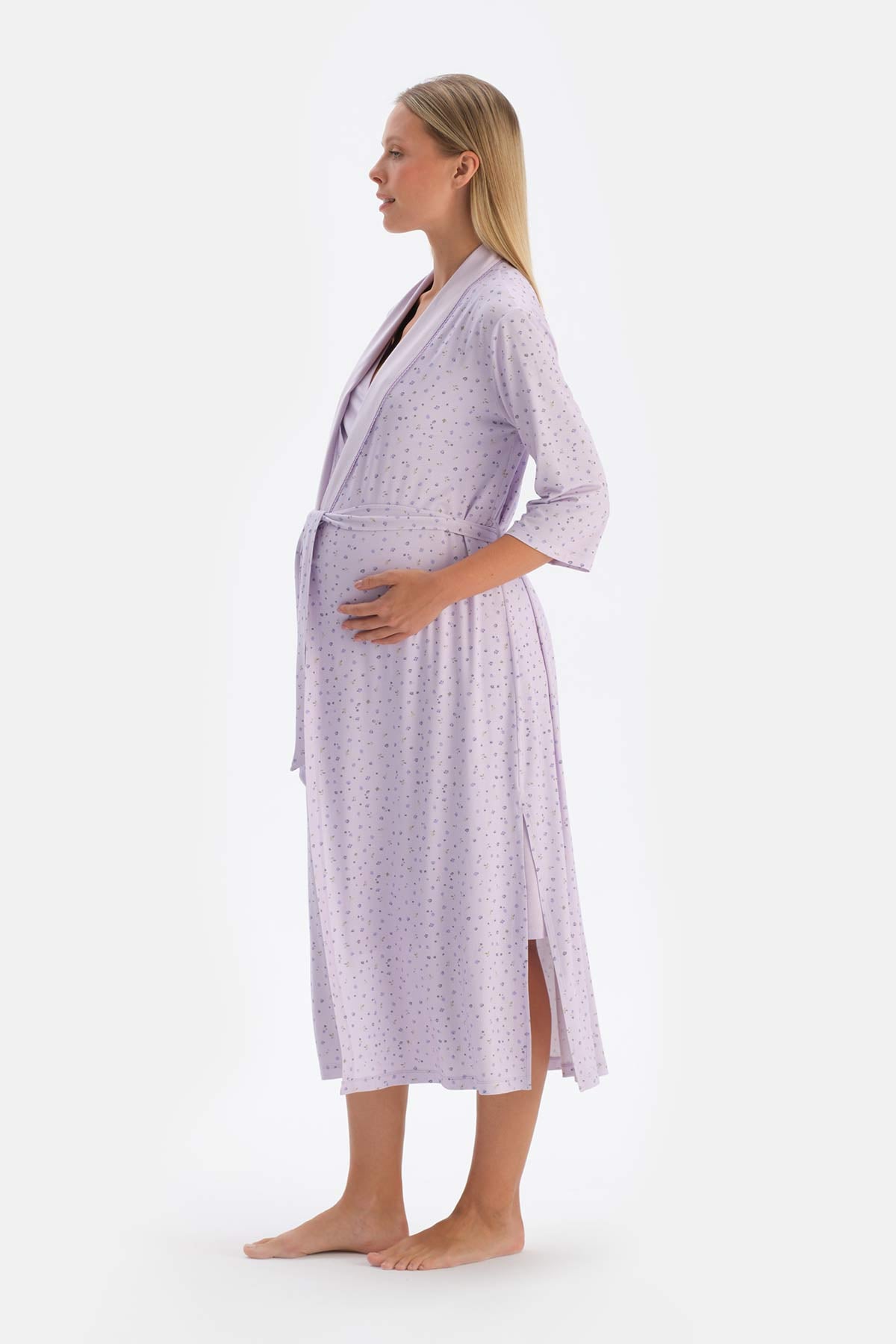 Lilac FLORAL PRINTED COMBED MODAL MATERNITY ROBE