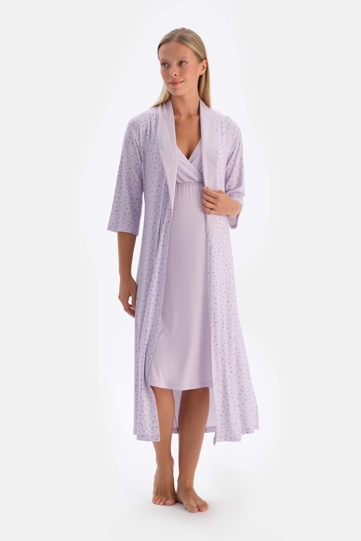 Lilac FLORAL PRINTED COMBED MODAL MATERNITY ROBE