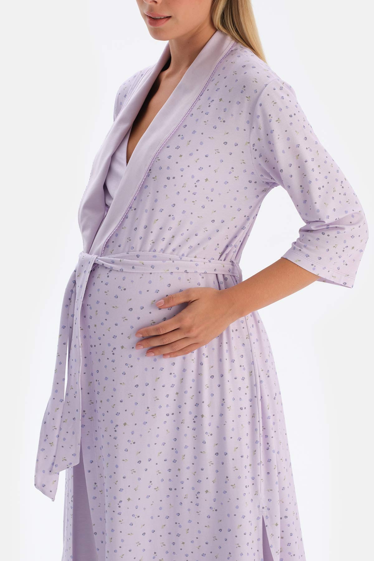 Lilac FLORAL PRINTED COMBED MODAL MATERNITY ROBE