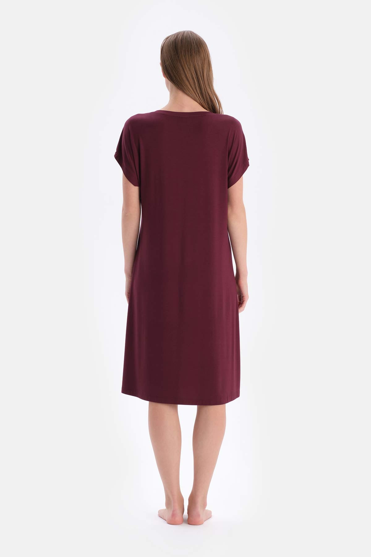 Bordeaux LACE GARNISHED CREW NECK SHORT SLEEVE VISCOSE NIGHTDRESS