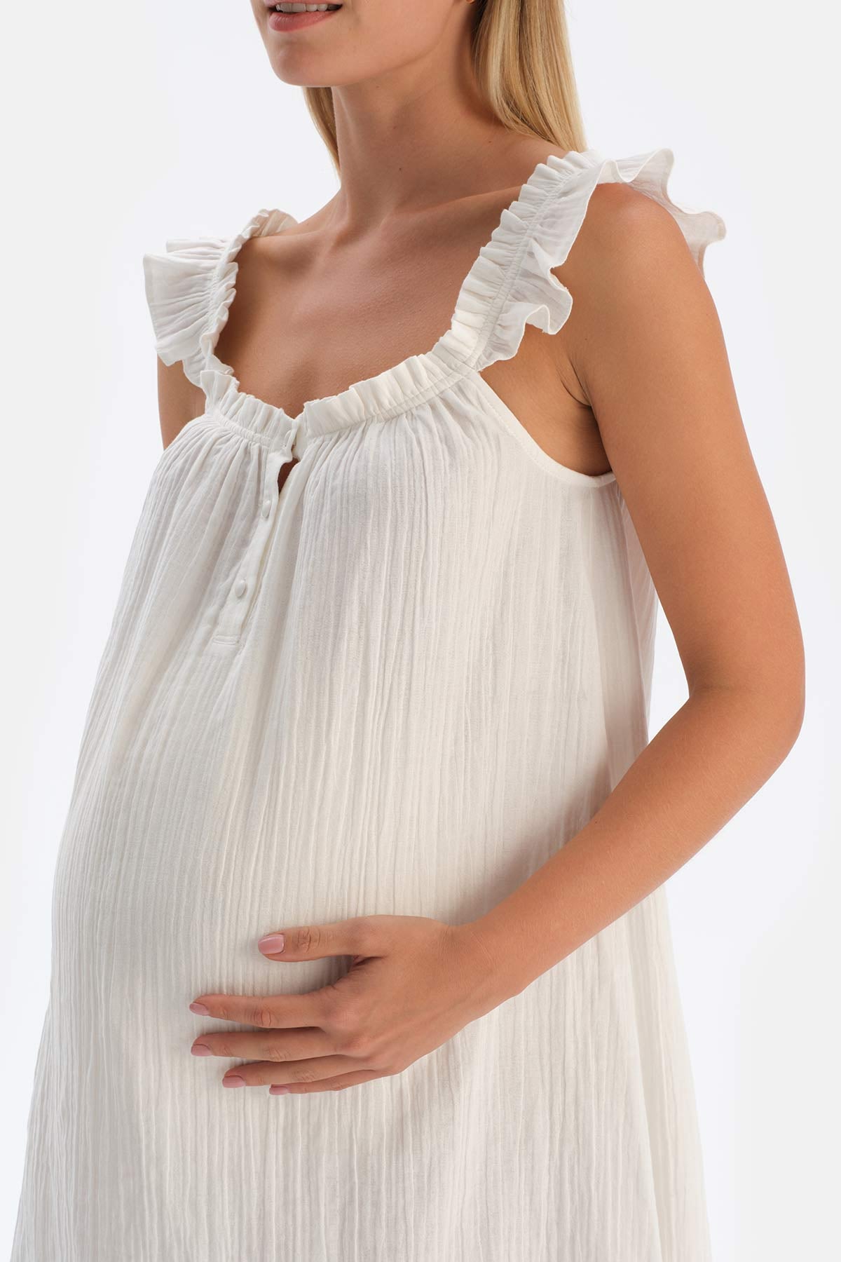 Beyaz Fırfırlı Patlı Müslin Hamile Gecelik
