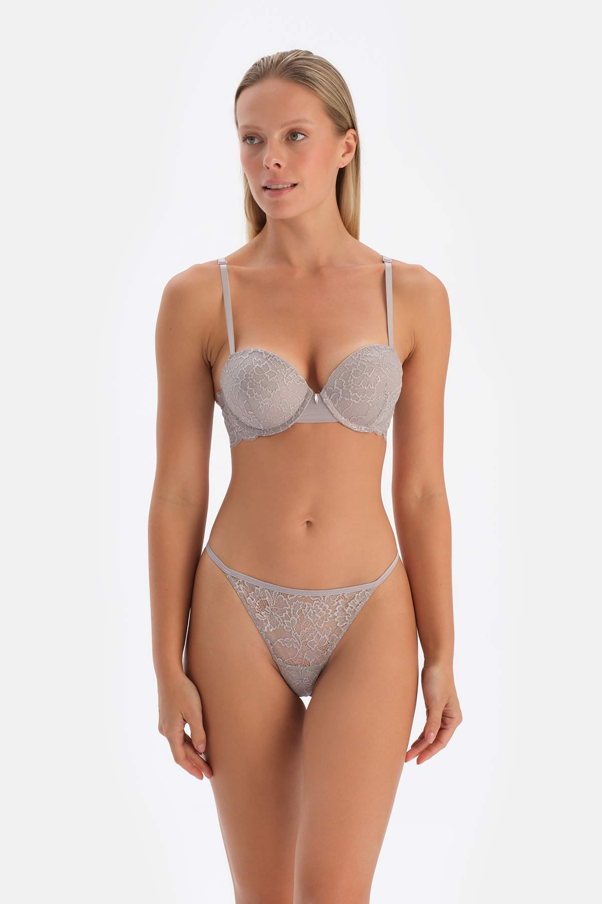 Light Grey LACE AND STONE DETAILED PUSH-UP BRA