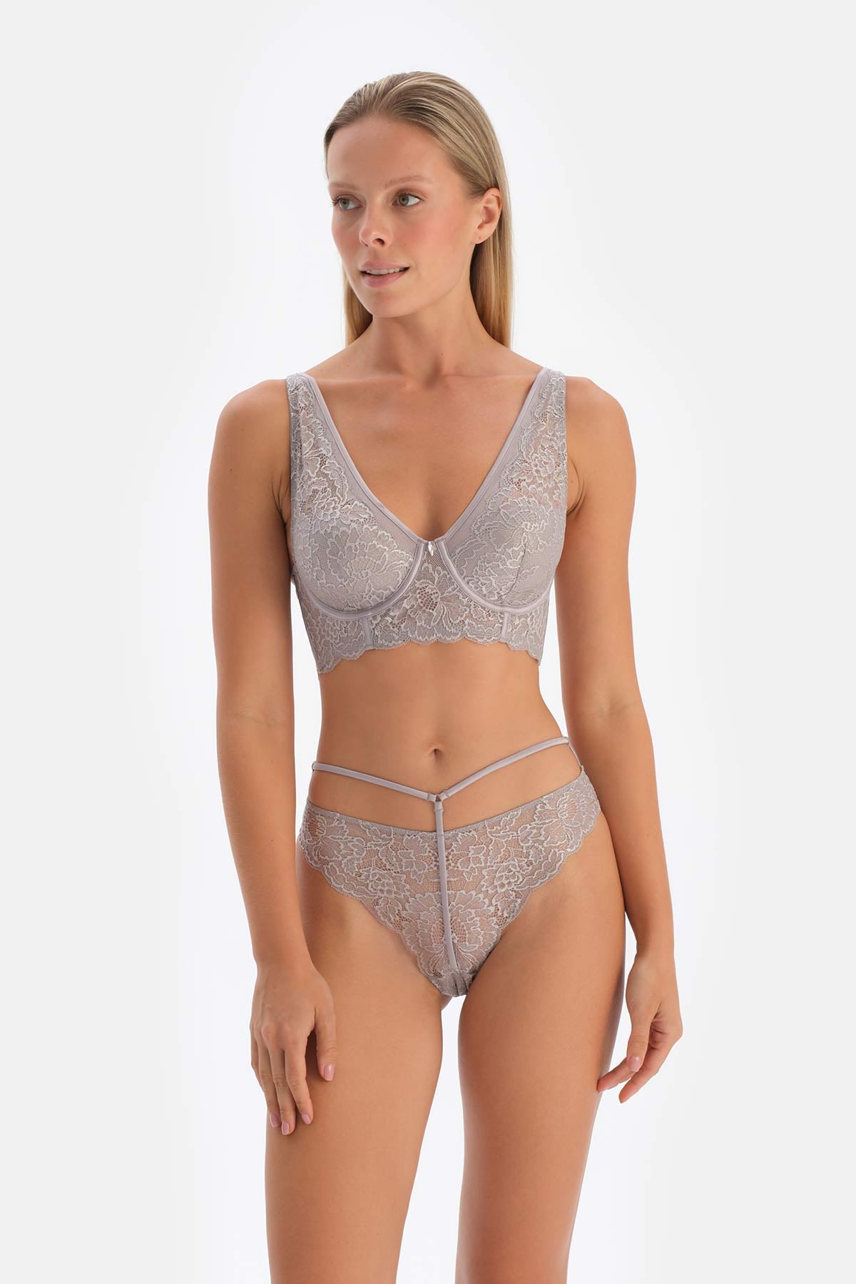 Light Grey LACE AND STONE DETAILED UNFILLED BRA WITH CUP