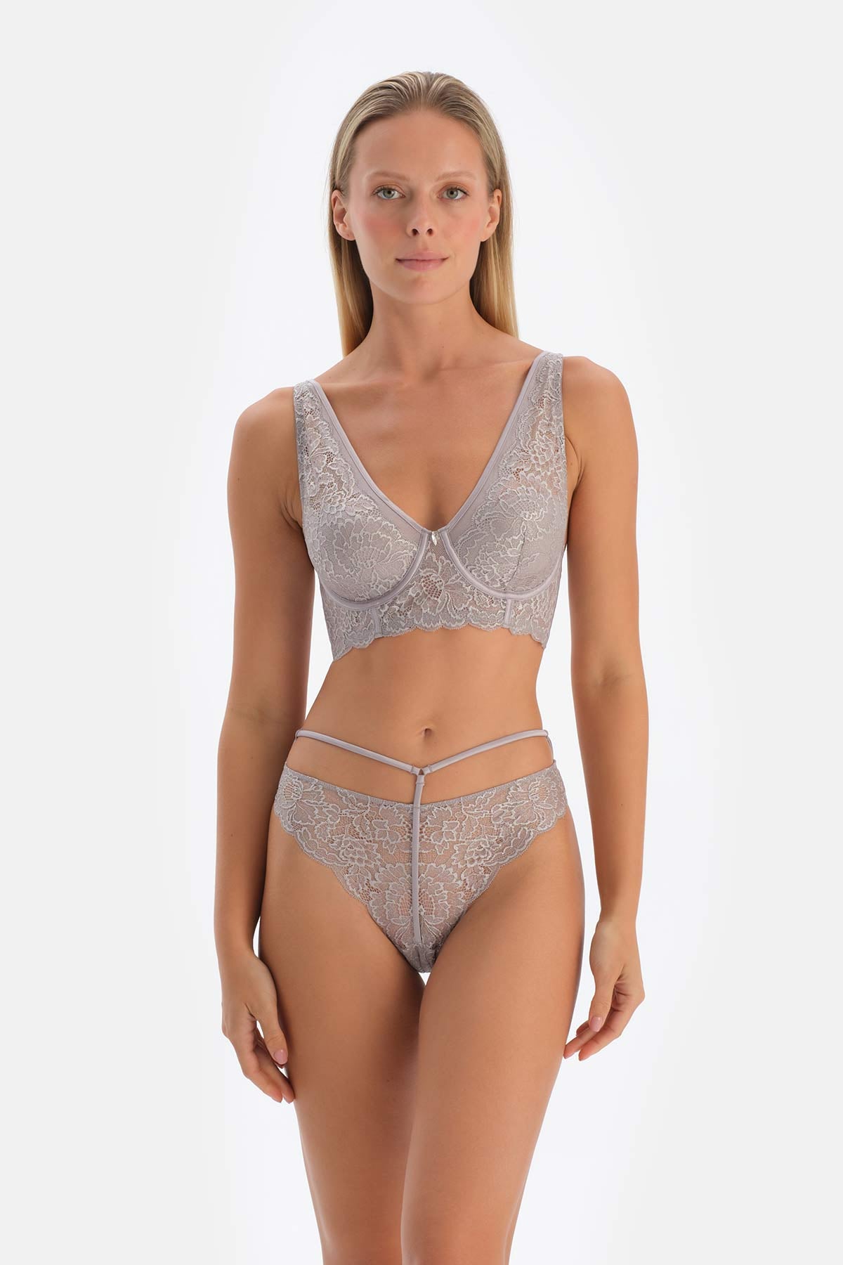 Light Grey LACE AND STONE DETAILED UNFILLED BRA WITH CUP