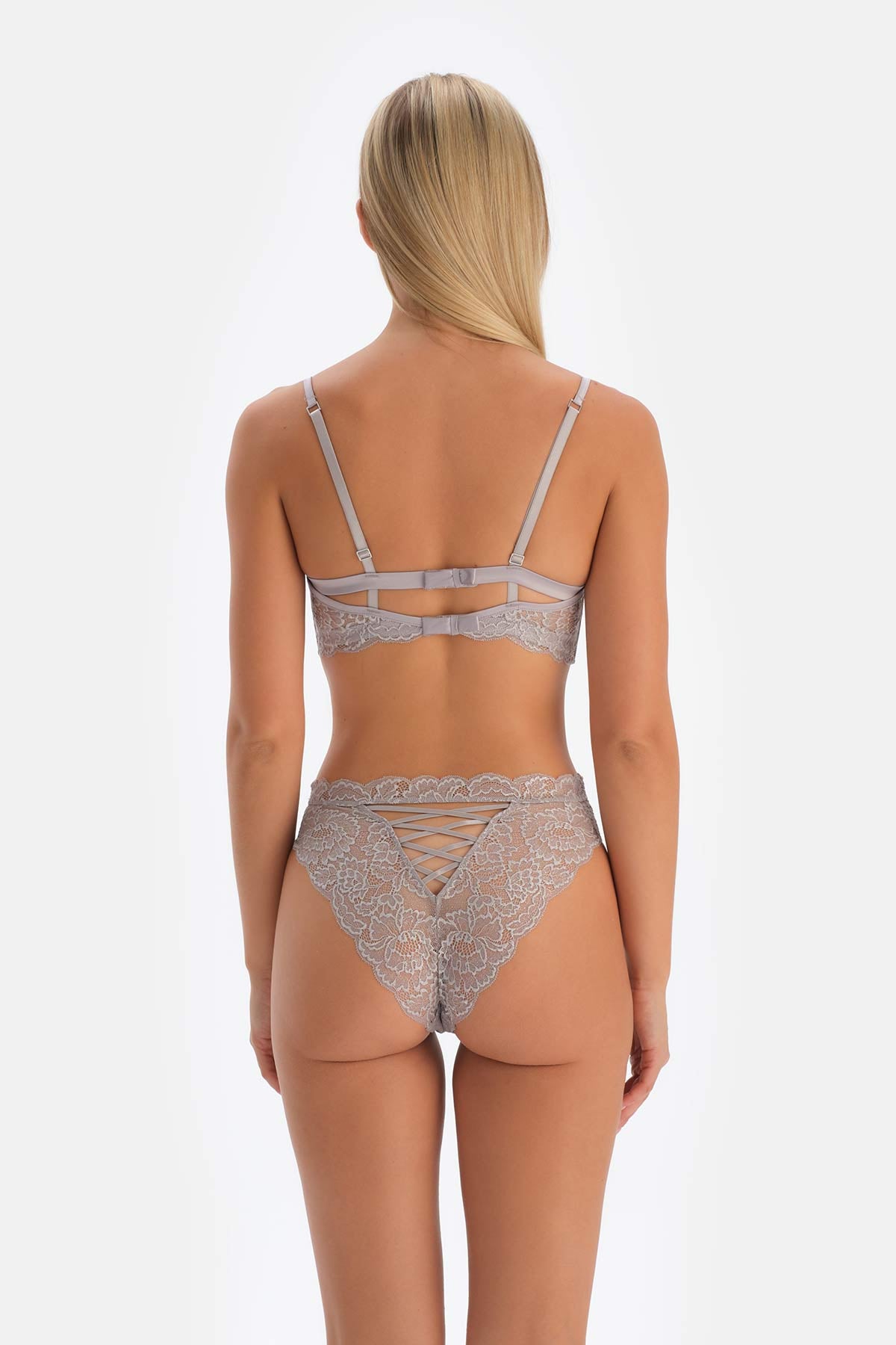 Light Grey LACE AND STONE DETAILED UNFILLED BRA WITH BALEEN