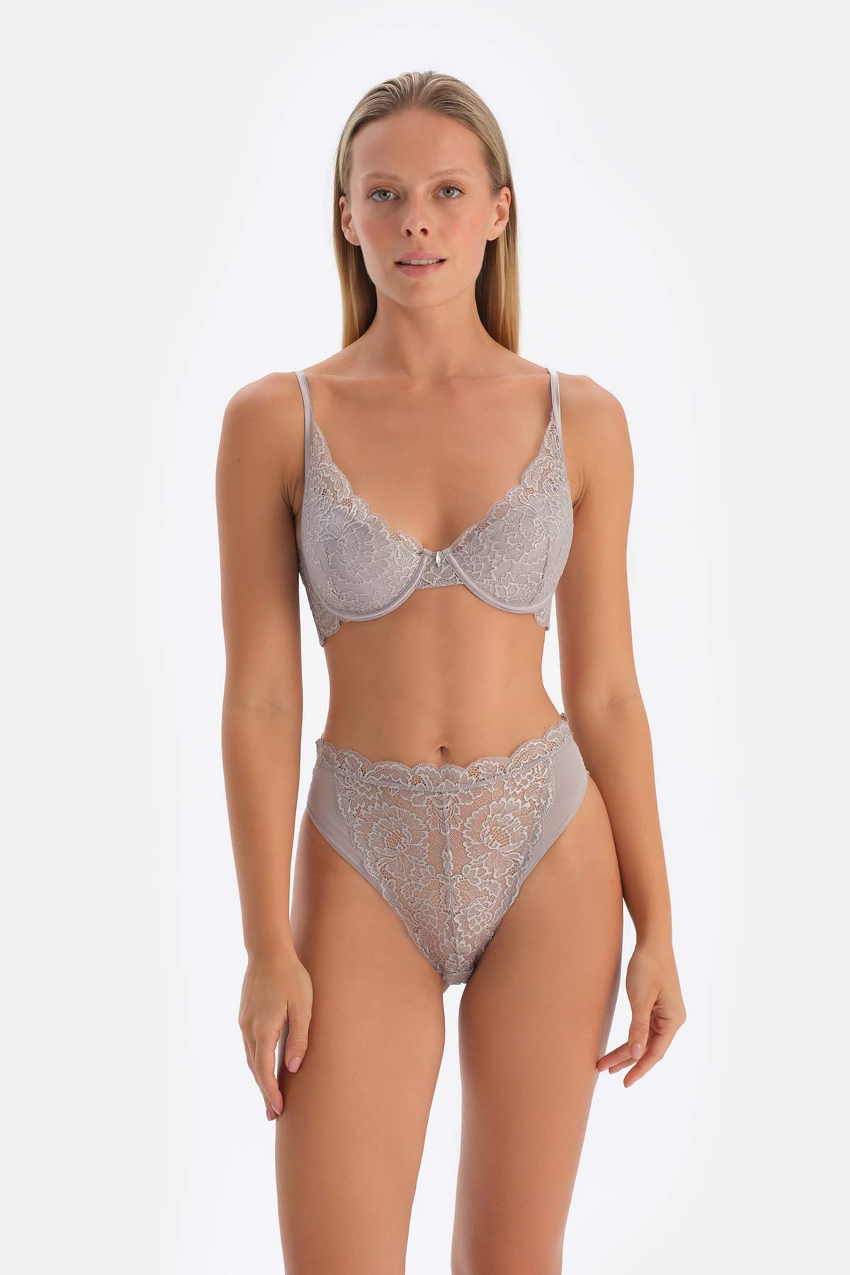 Light Grey LACE AND STONE DETAILED UNFILLED BRA WITH BALEEN