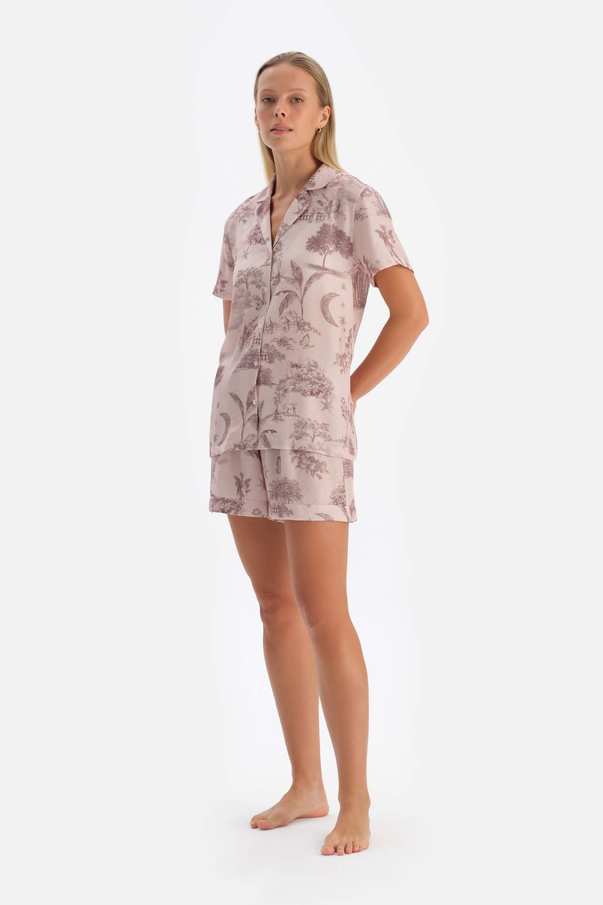 Açık Pembe Desenli Dokuma Şort Pijama Altı