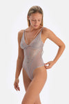 Light Grey LACE AND STONE CHAIN DETAILED BODYSUIT