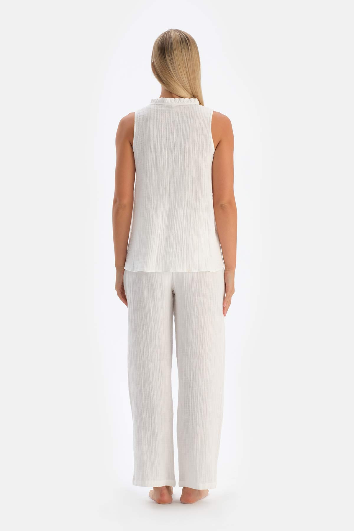 White RUFFLED PLACKET MUSLIN MATERNITY PAJAMA TOP