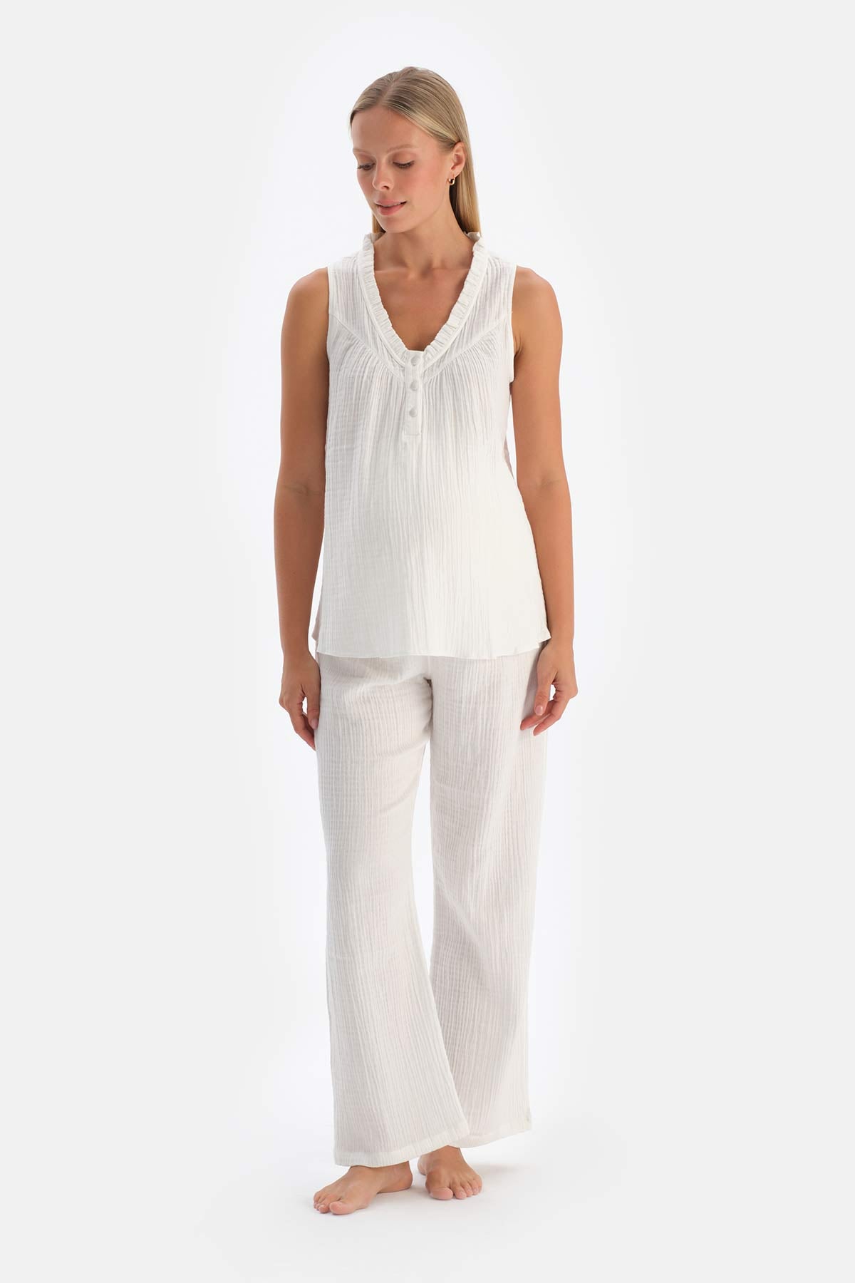 White RUFFLED PLACKET MUSLIN MATERNITY PAJAMA TOP