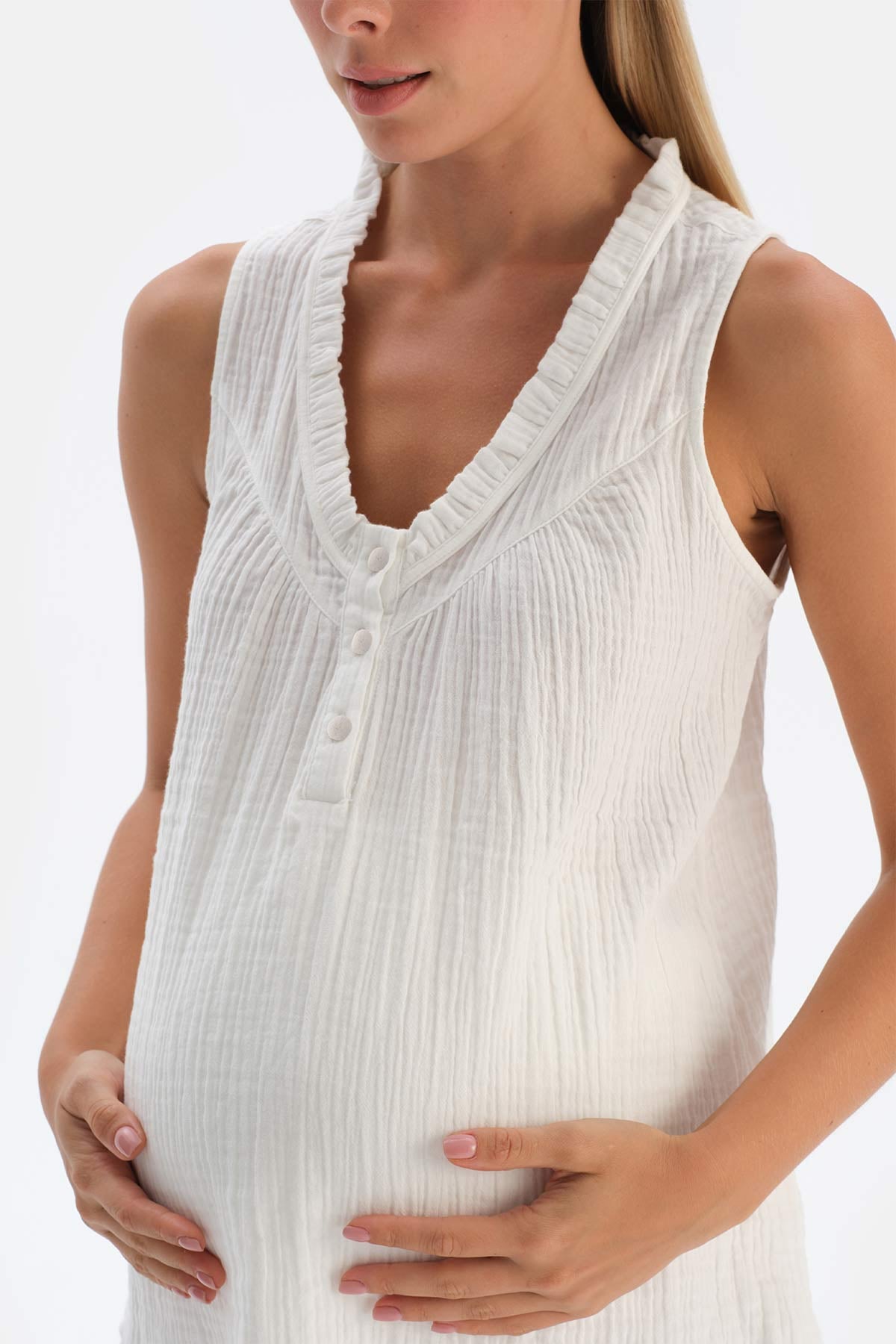 White RUFFLED PLACKET MUSLIN MATERNITY PAJAMA TOP