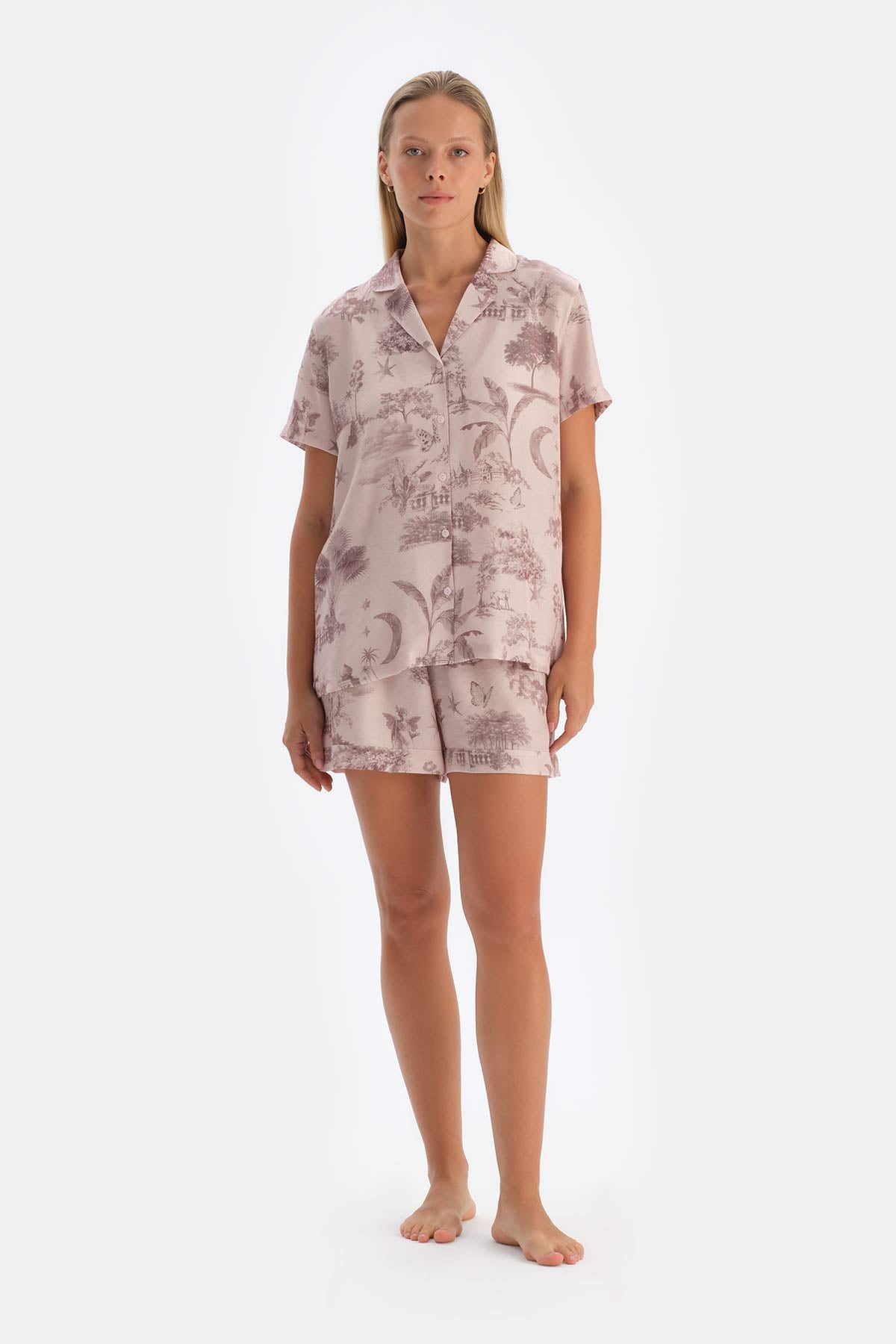 Açık Pembe Desenli Dokuma Gömlek Pijama Üstü