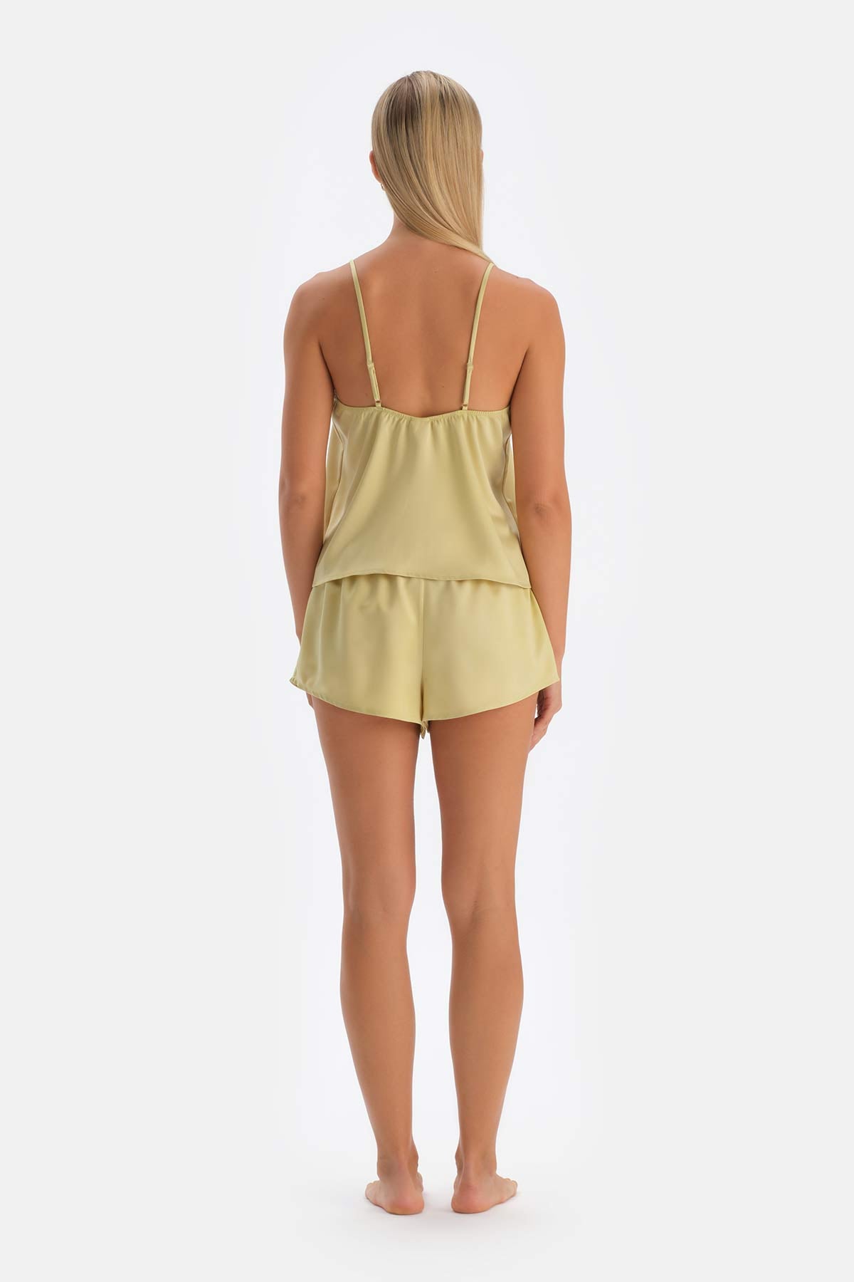 Yağ Yeşili Saten Atlet Pijama Üstü