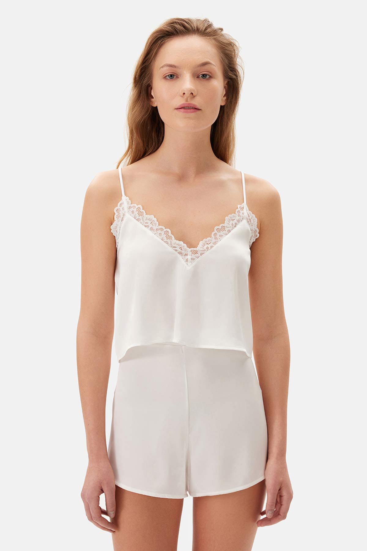 Beyaz Dantel Detaylı Saten Atlet Pijama Üstü