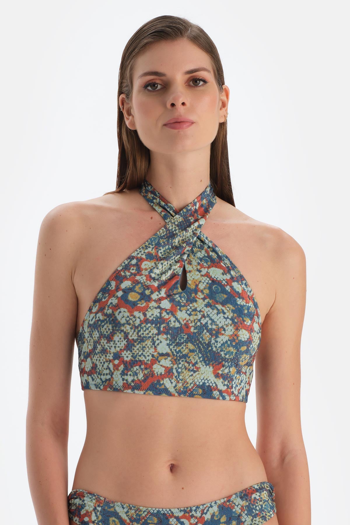 Kiremit-Mavi Halter Yaka Bikini Üst