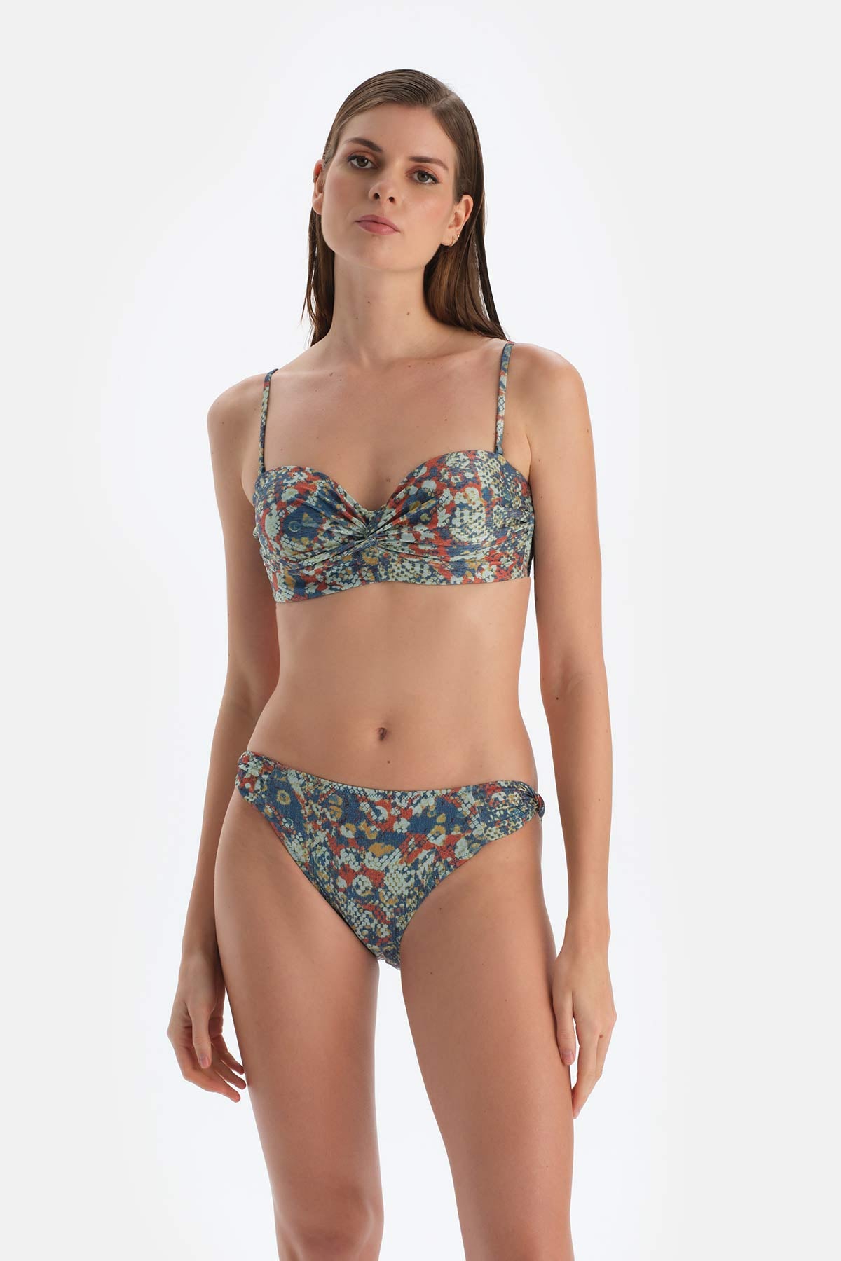 Kiremit-Mavi Straplez Kaplı Bikini Üst