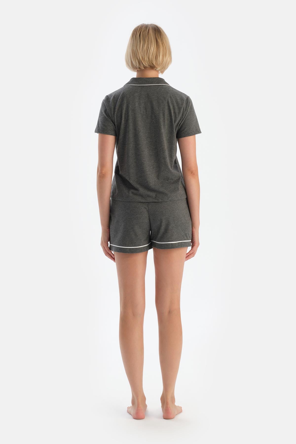 Antrasit Melanj Biye Detaylı Basic Şortlu Pijama Takımı