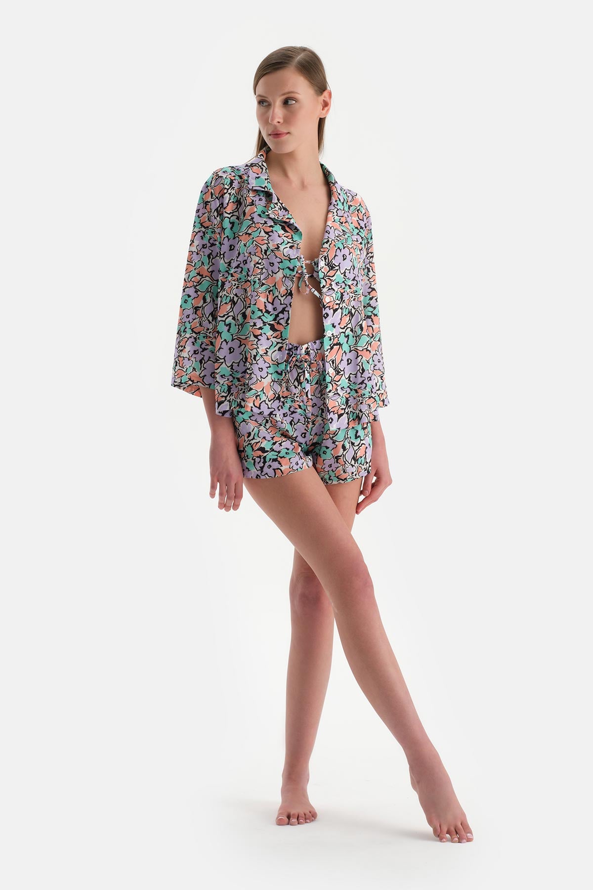 Ekru-Lila Kısa Kol Gömlek Pareo