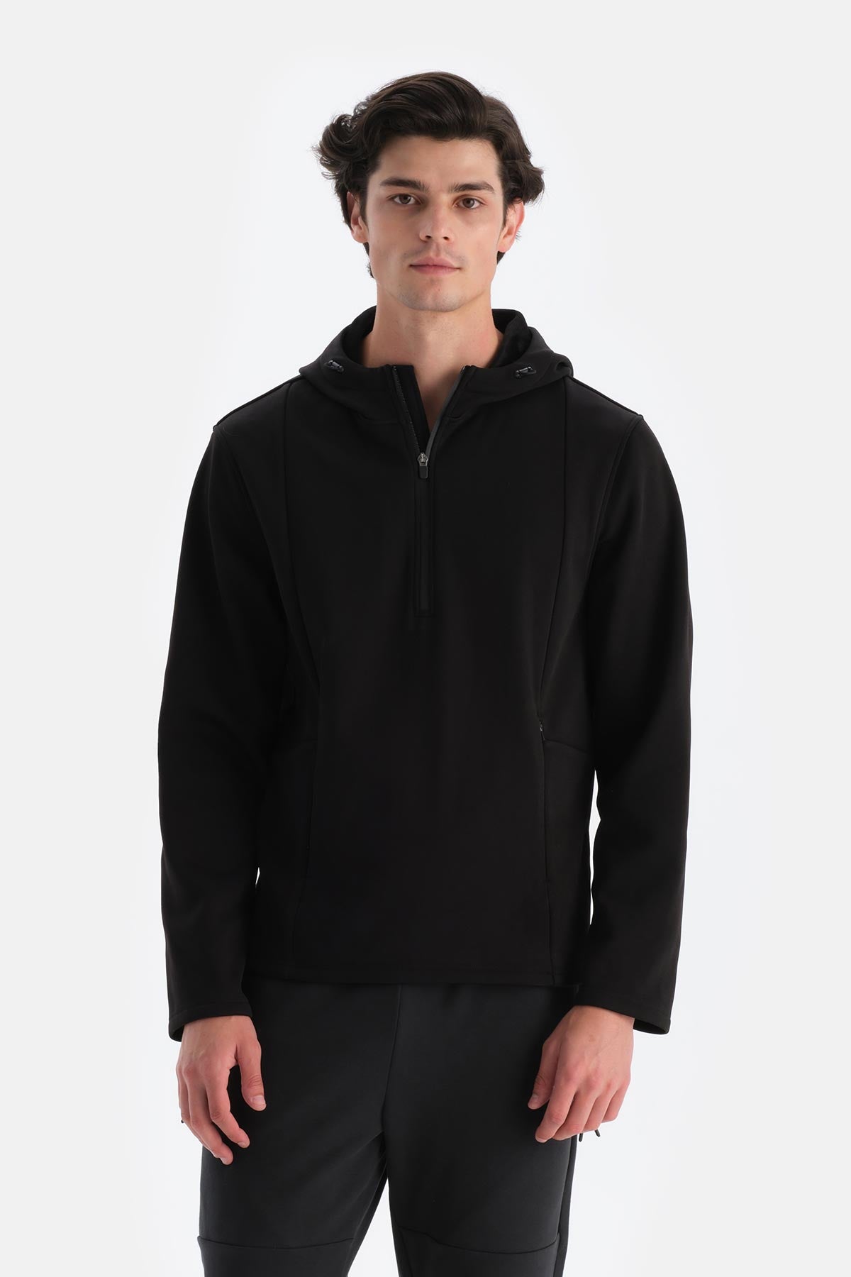 Siyah Erkek Fermuar Yaka Kapşonlu Termal Sweatshırt