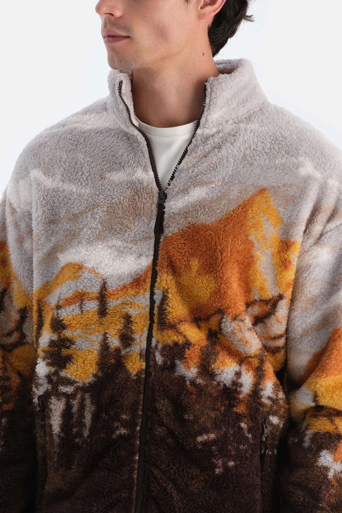 Koyu Kahve Erkek Manzara Dağ Baskılı Polar Sweatshırt