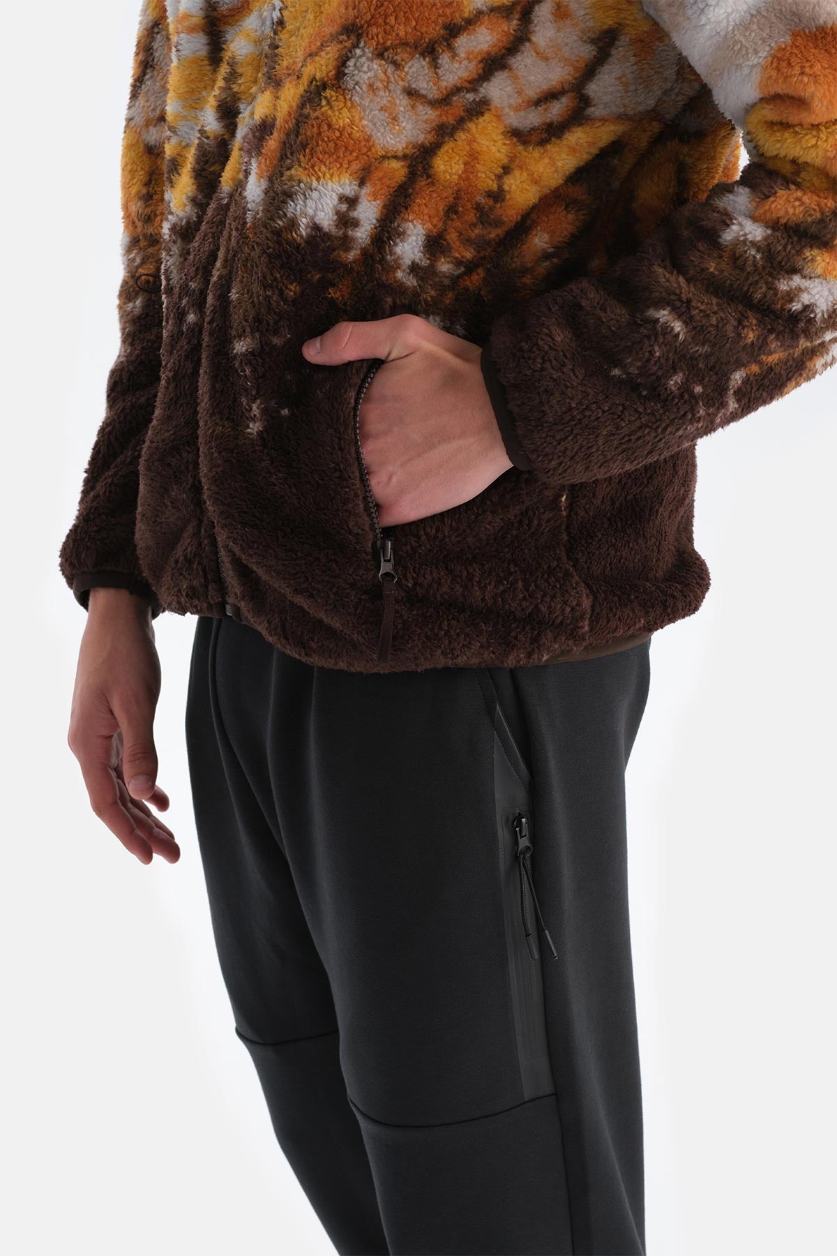 Koyu Kahve Erkek Manzara Dağ Baskılı Polar Sweatshırt