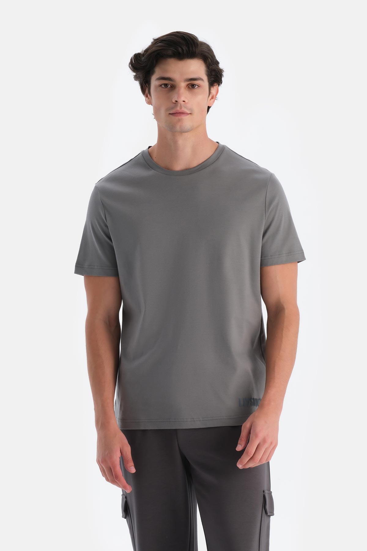 Gri Erkek Ön Alt Baskı Detaylı Tişört