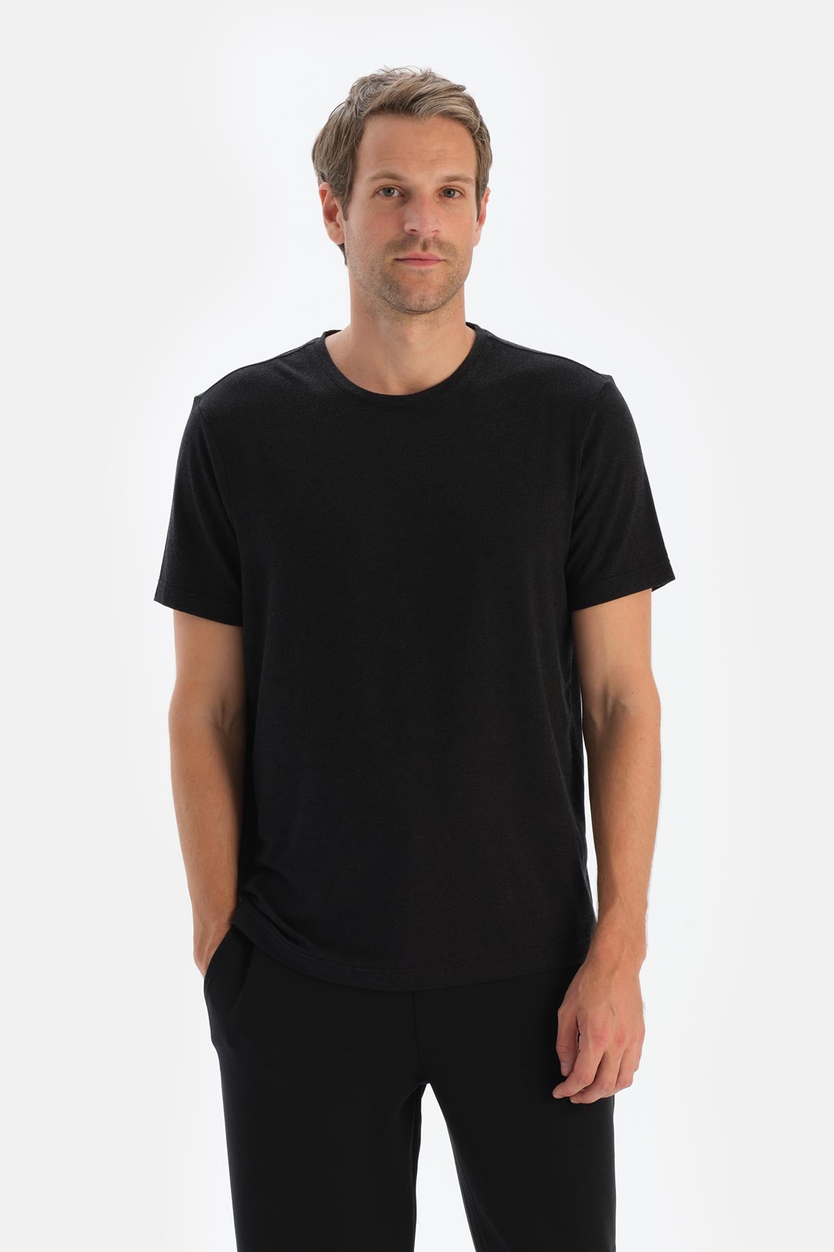 Antrasit Melanj Erkek Bıs Yaka Soft Touch Tişört Regular