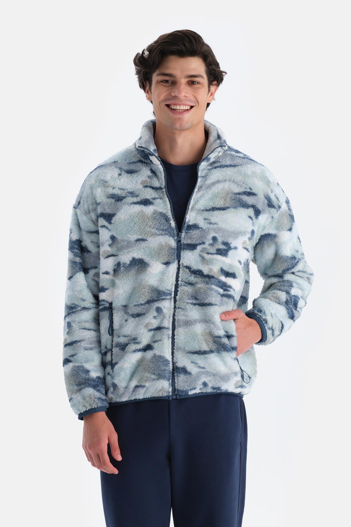 Lacivert Erkek Okyanus Baskılı Polar Sweatshırt