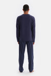 Lacivert Yarım Patlı Uzun Kollu Altı Metraj Baskılı Örme Pijama Takımı
