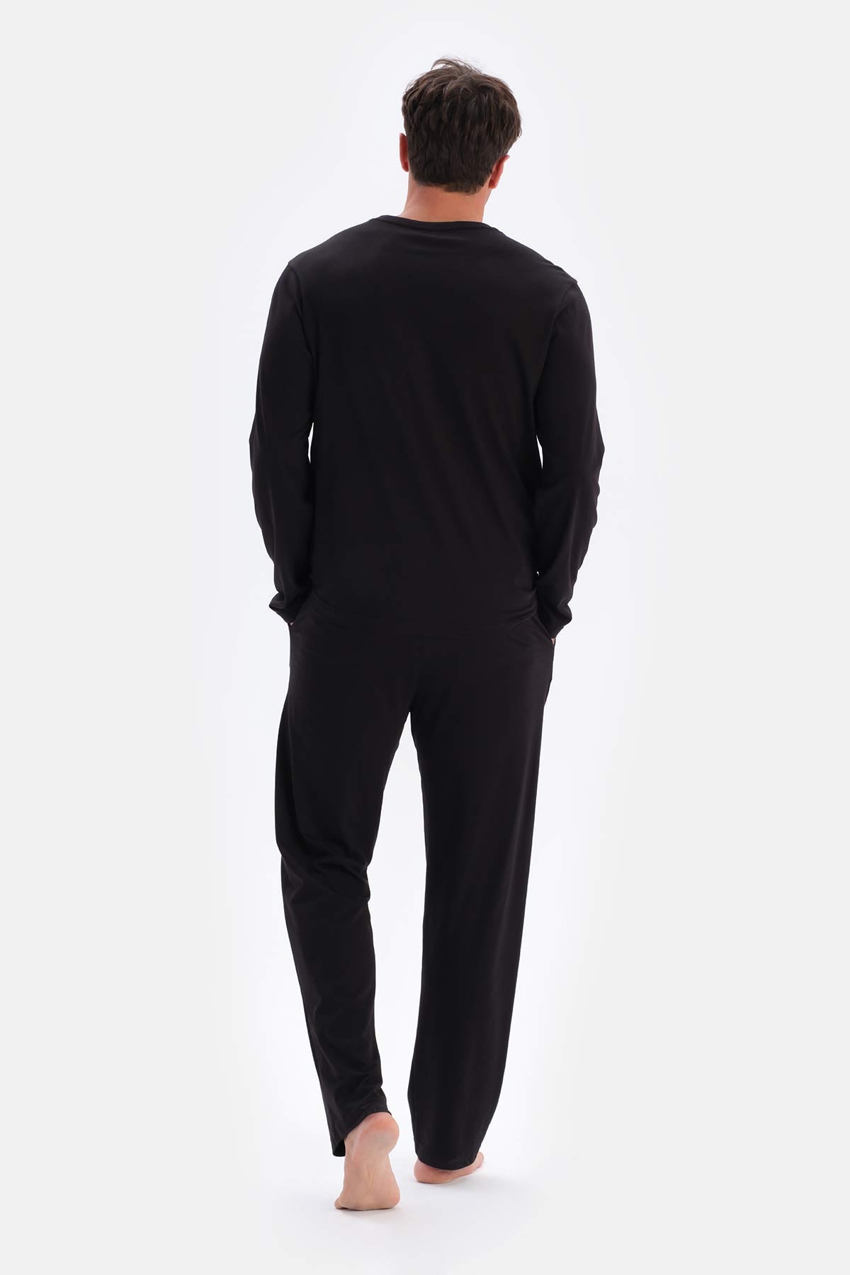 Siyah Bisiklet Yaka Penye Modal Pijama Takımı