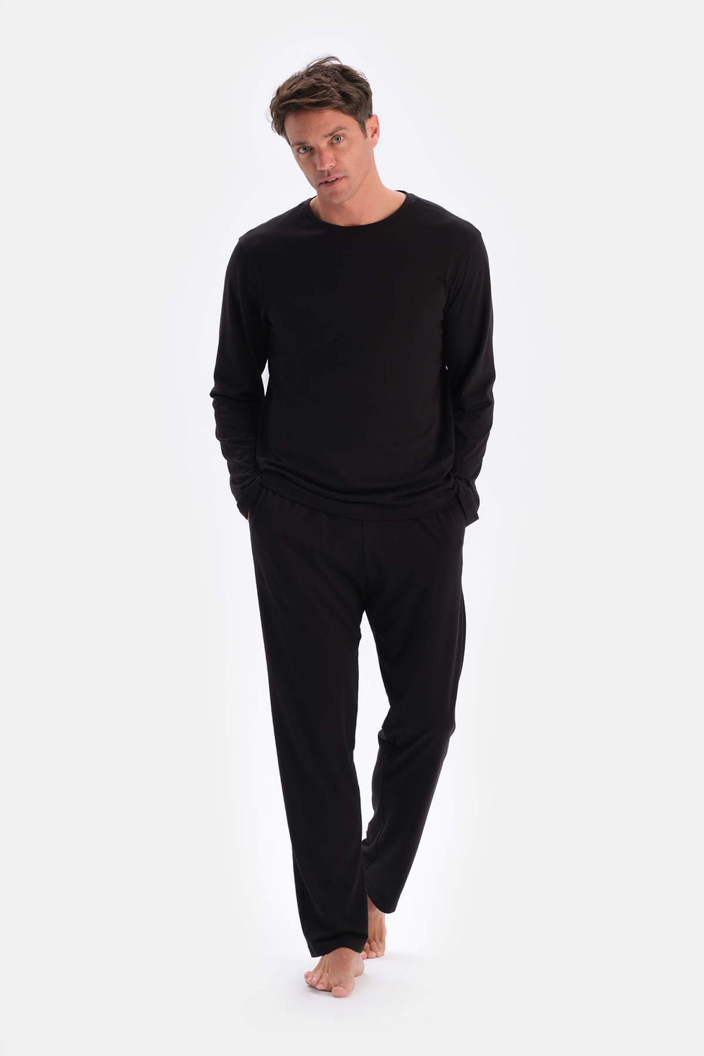 Siyah Bisiklet Yaka Penye Modal Pijama Takımı