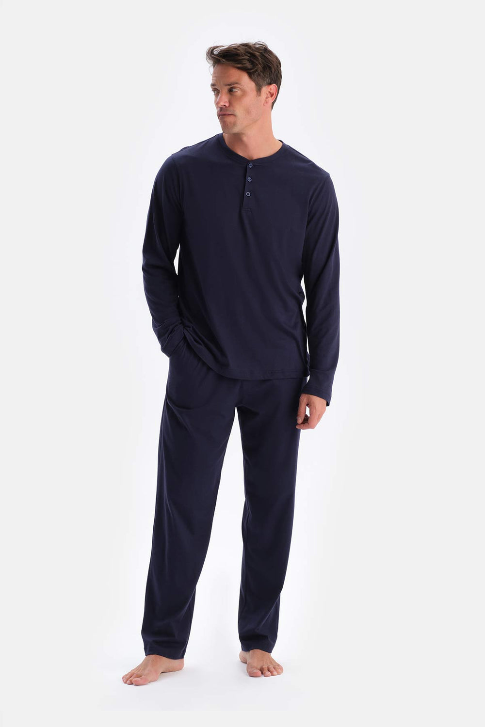 Lacivert Yarım Patlı Uzun Kollu Tişört Pantolon Pijama Takımı