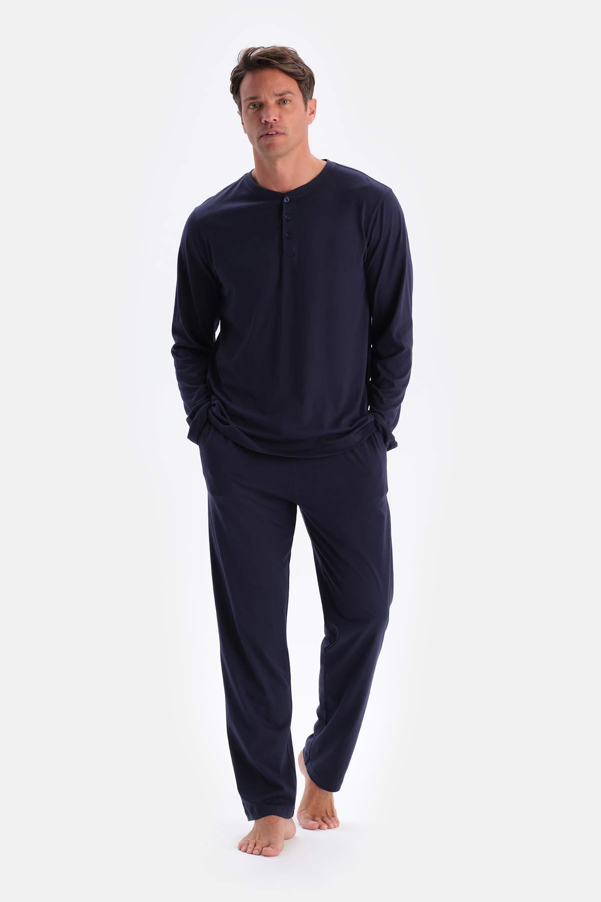 Lacivert Yarım Patlı Uzun Kollu Tişört Pantolon Pijama Takımı