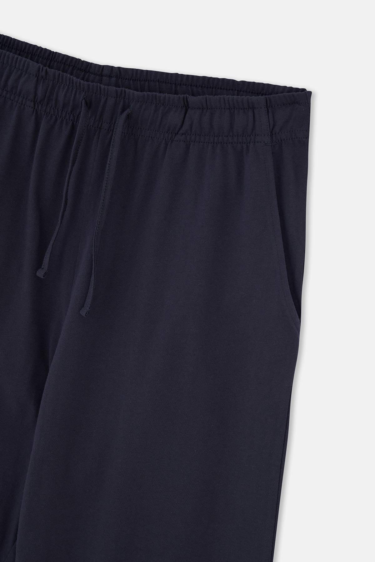 Lacivert Yarım Patlı Uzun Kollu Tişört Pantolon Pijama Takımı