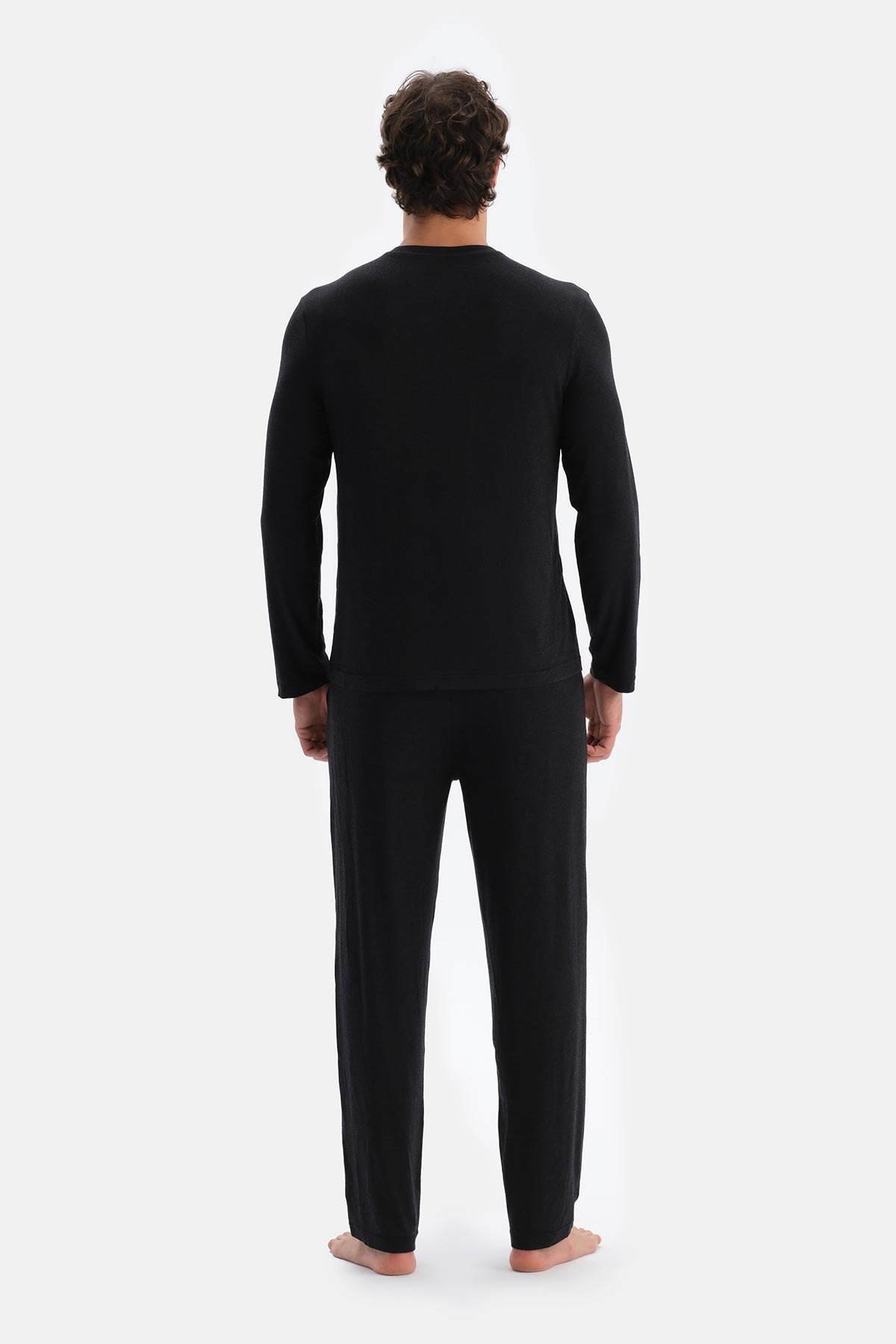 Antrasit Melanj Yarım Patlı Uzun Kollu Kaşmir Karışımlı Tişört Pantolon Pijama Takımı