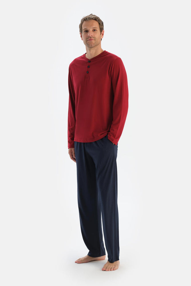 Bordo Patlı Uzun Kollu Tişört Pantolon Pijama Takımı