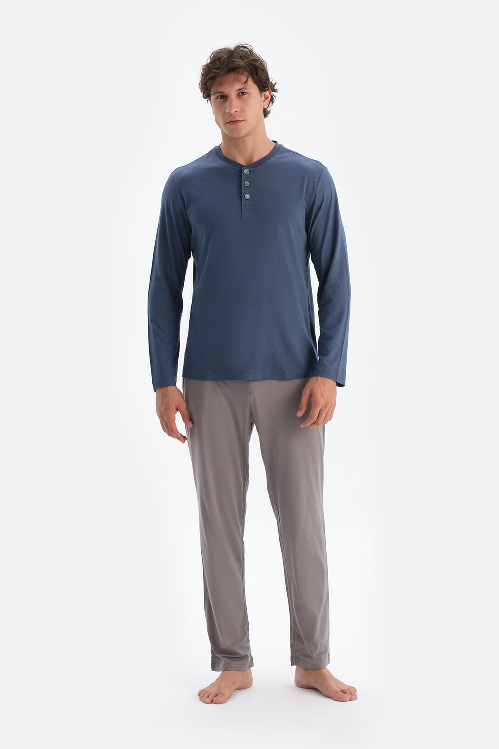 Mavi Patlı Uzun Kollu Tişört Pantolon Pijama Takımı