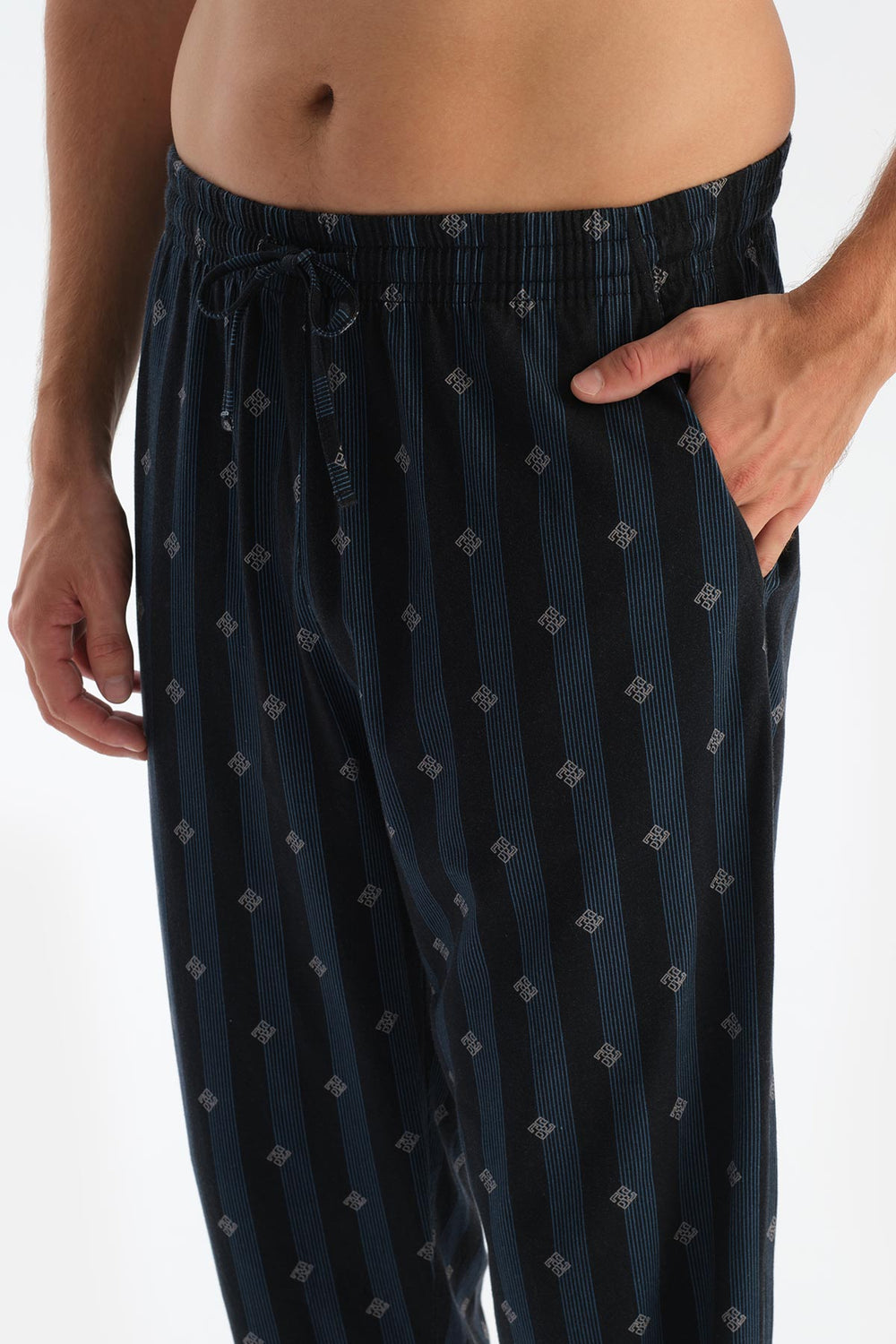 Mavi Patlı Fleto Cepli Uzun Kollu Tişört Pantolon Pijama Takımı