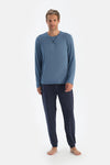Mavi Dikiş Detaylı Uzun Kollu Tişört Pantolon Pijama Takımı