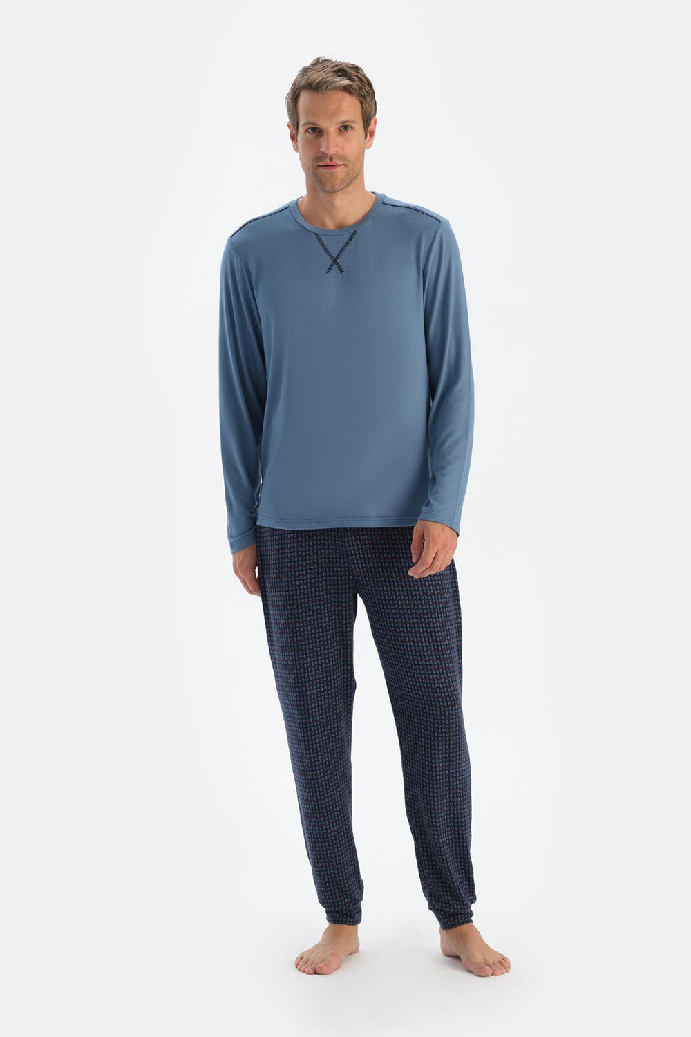 Mavi Dikiş Detaylı Uzun Kollu Tişört Pantolon Pijama Takımı