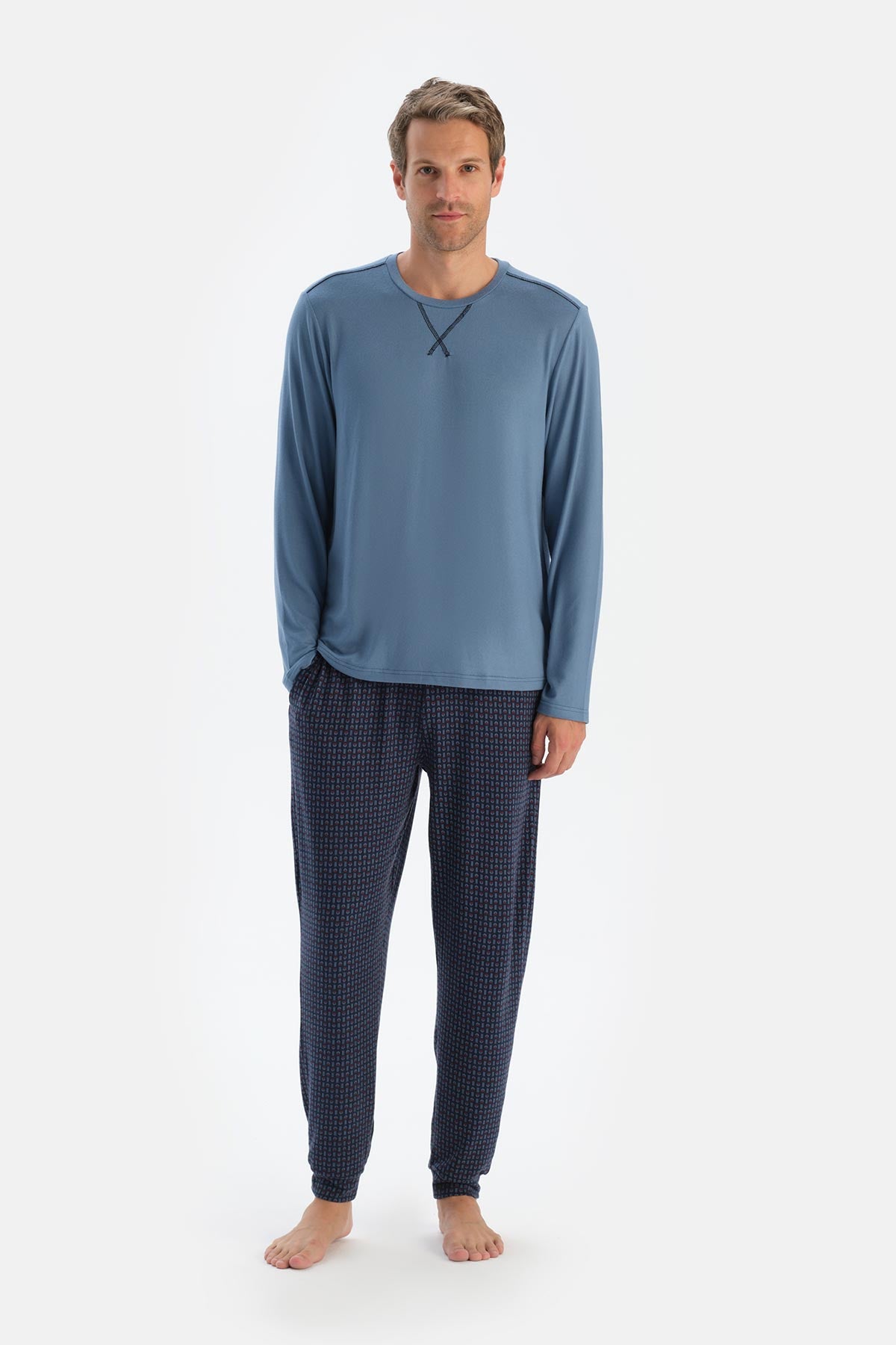 Mavi Dikiş Detaylı Uzun Kollu Tişört Pantolon Pijama Takımı