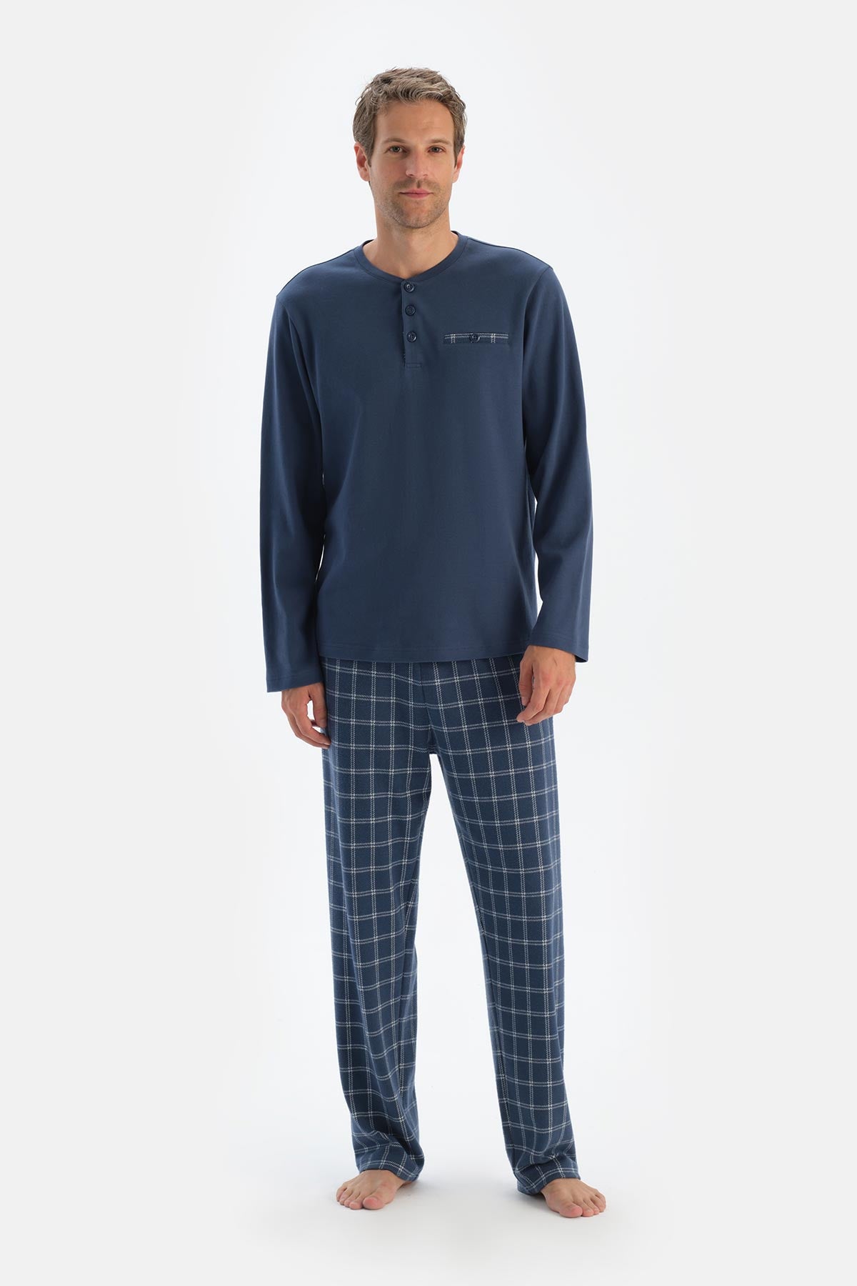 Lacivert Patlı Fleto Cepli Uzun Kollu Tişört Pantolon Pijama Takımı