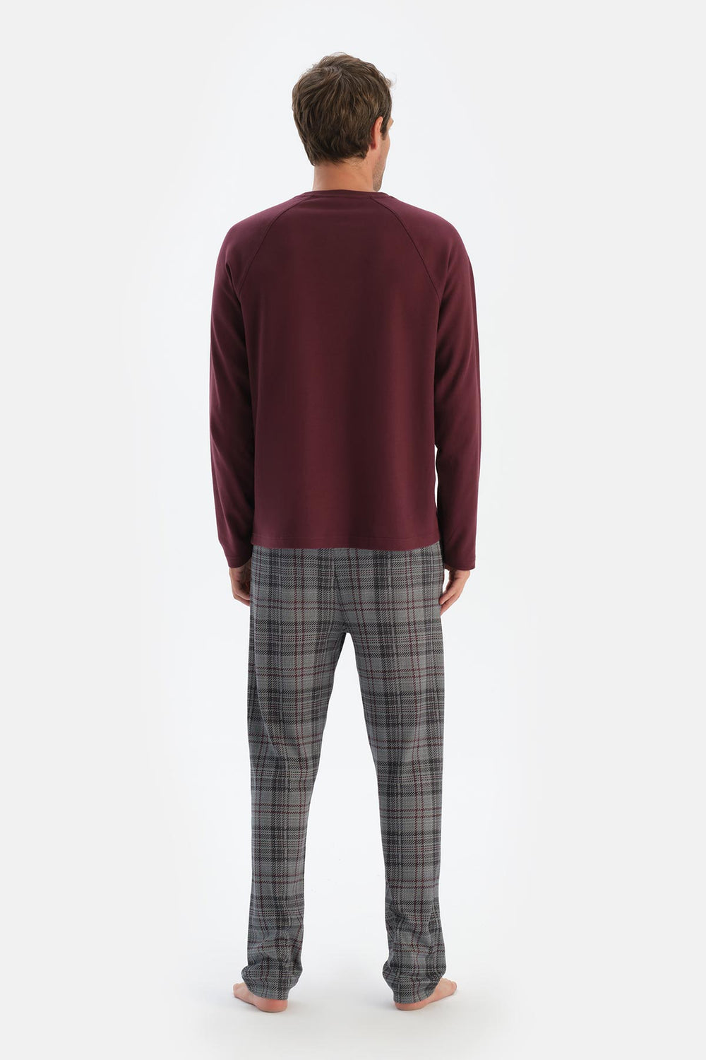 Bordo Bisiklet Yaka Reglan Kol Altı Ekoseli Pijama Takımı