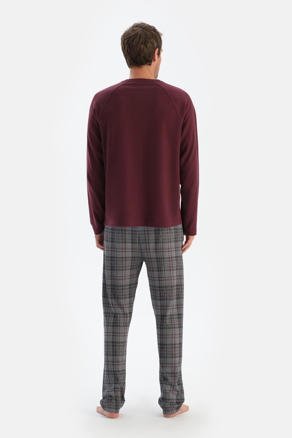 Bordo Bisiklet Yaka Reglan Kol Altı Ekoseli Pijama Takımı