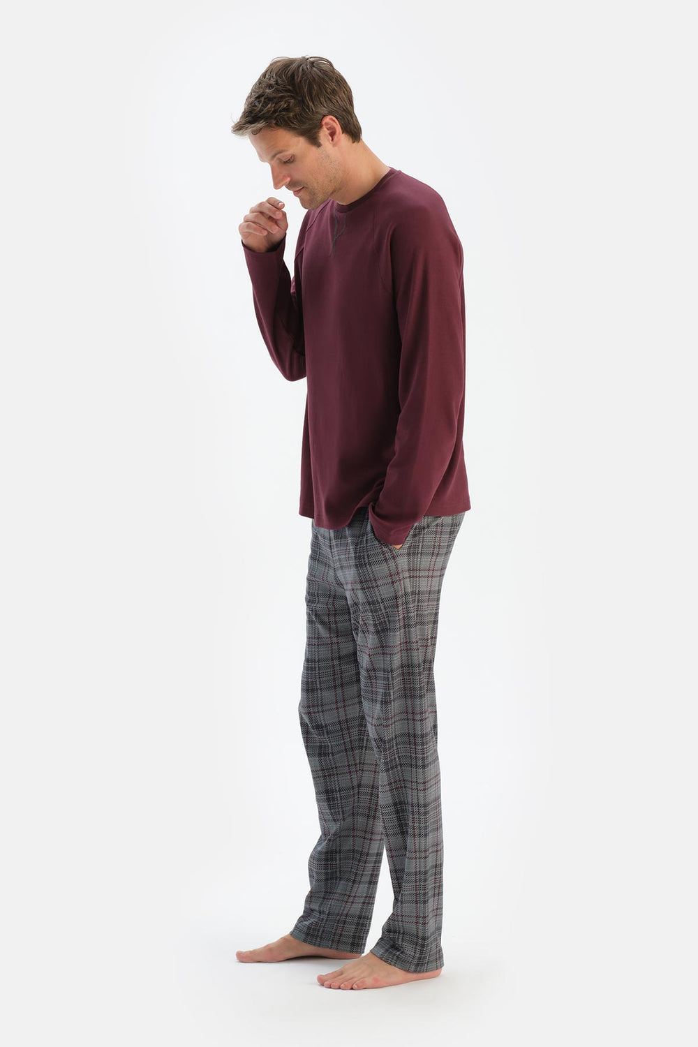 Bordo Bisiklet Yaka Reglan Kol Altı Ekoseli Pijama Takımı