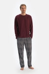 Bordo Bisiklet Yaka Reglan Kol Altı Ekoseli Pijama Takımı