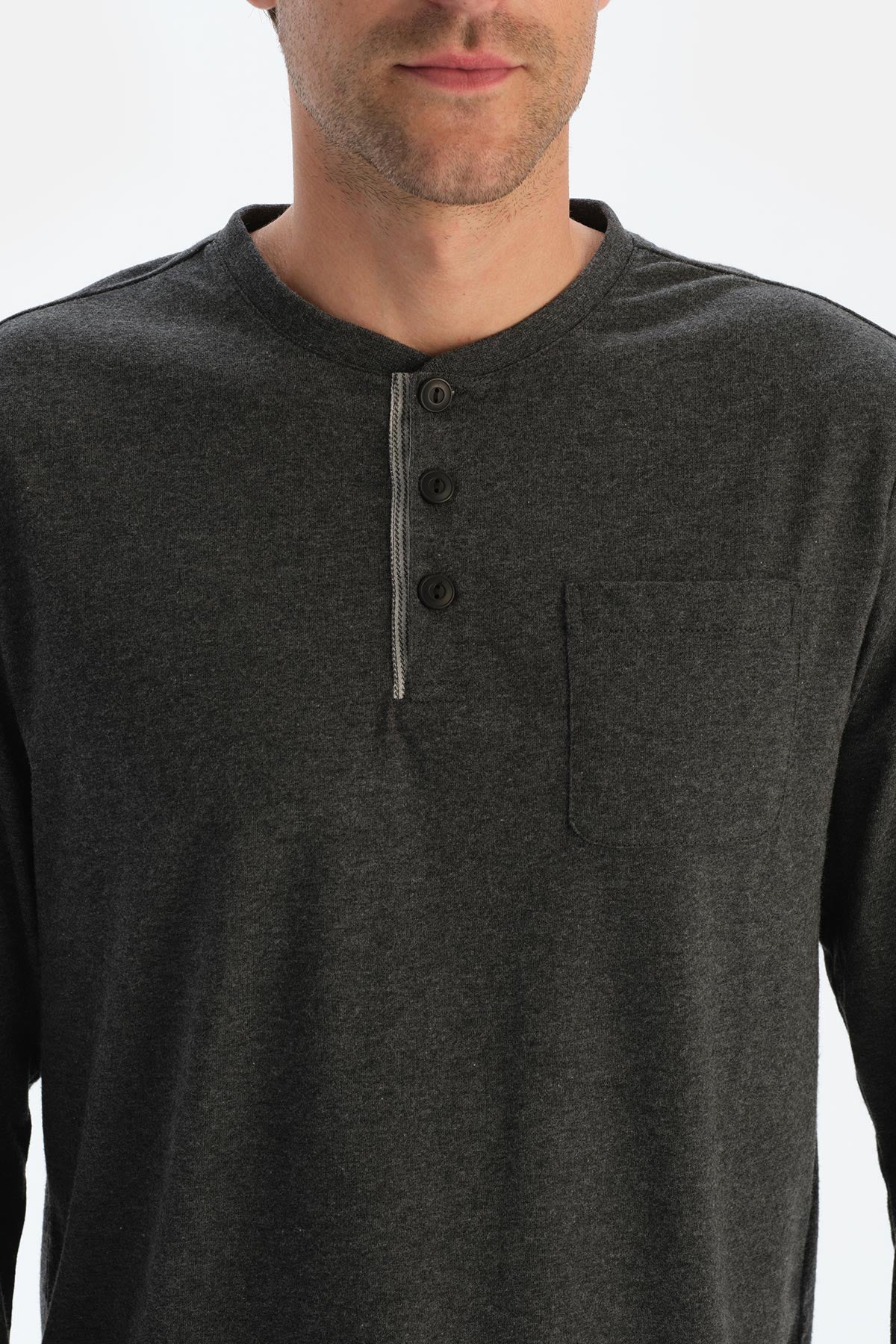 Antrasit Melanj Patlı Cepli Çizgili Pantolonlu Pijama Takımı