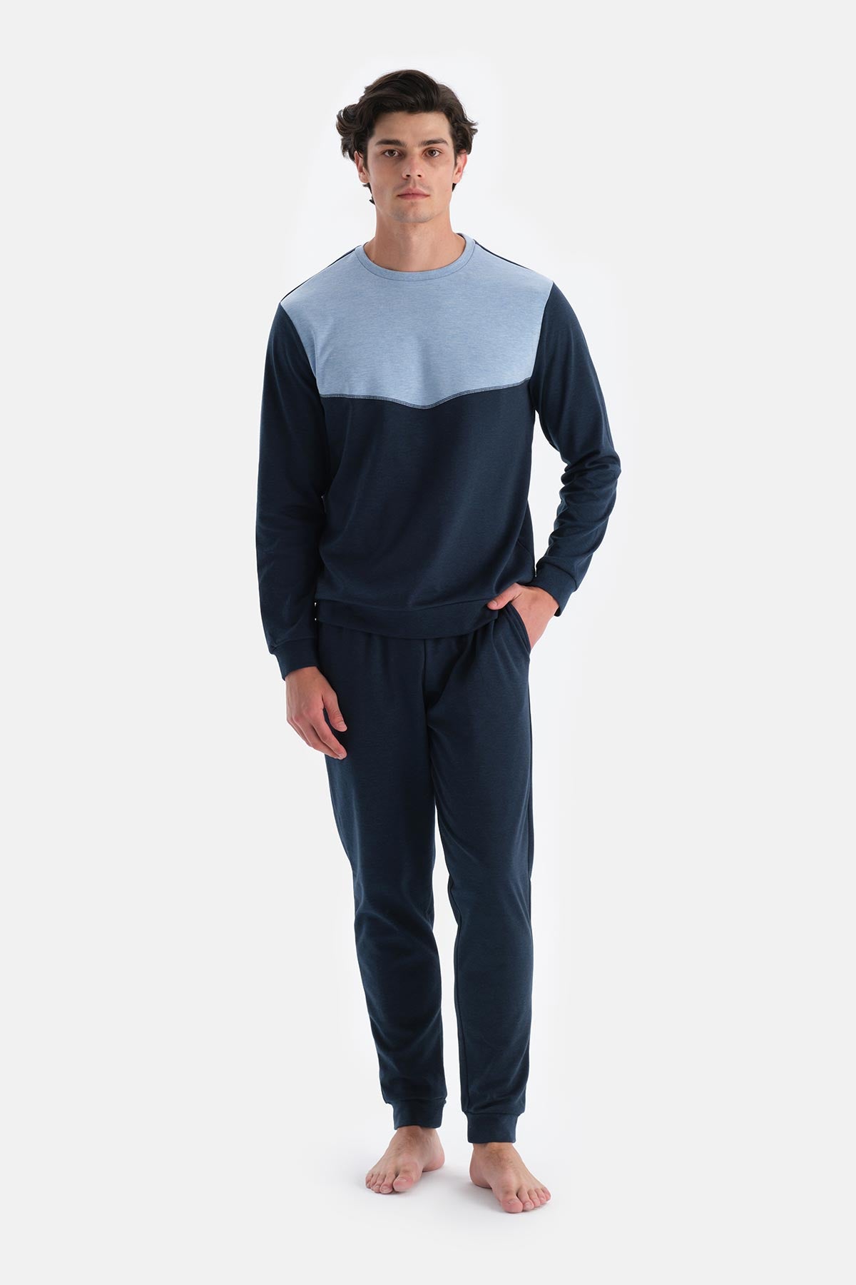 Indigo Melanj Bisiklet Yaka Uzun Kollu Jogger Pantolonlu Pijama Takımı