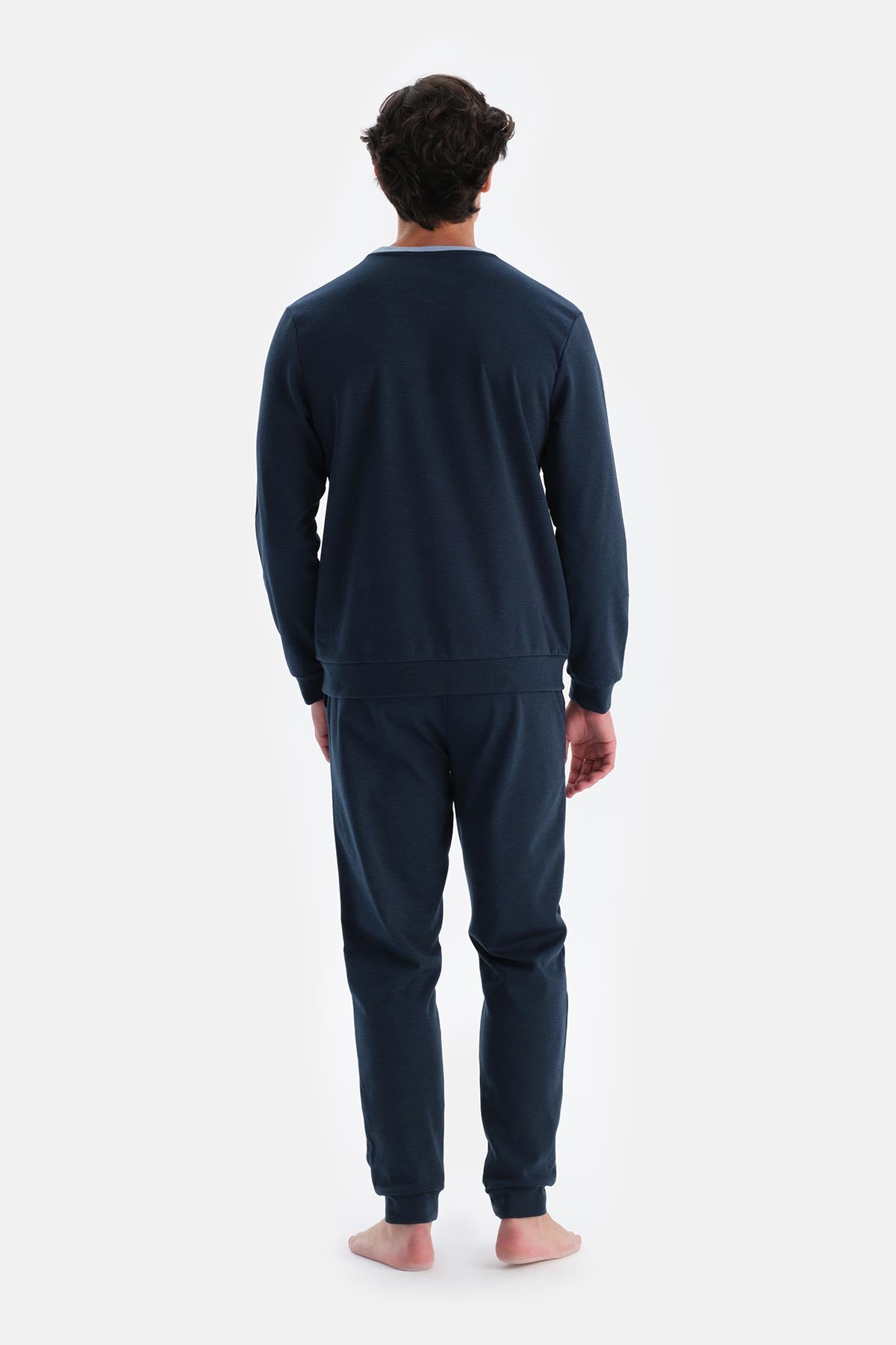 Indigo Melanj Bisiklet Yaka Uzun Kollu Jogger Pantolonlu Pijama Takımı